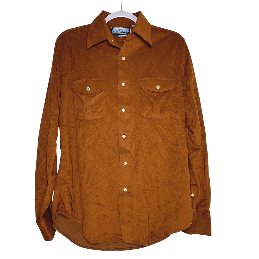 Vintage Fieldmaster Mens Rust Brown Faux Suede Button Down Shirt Medium western